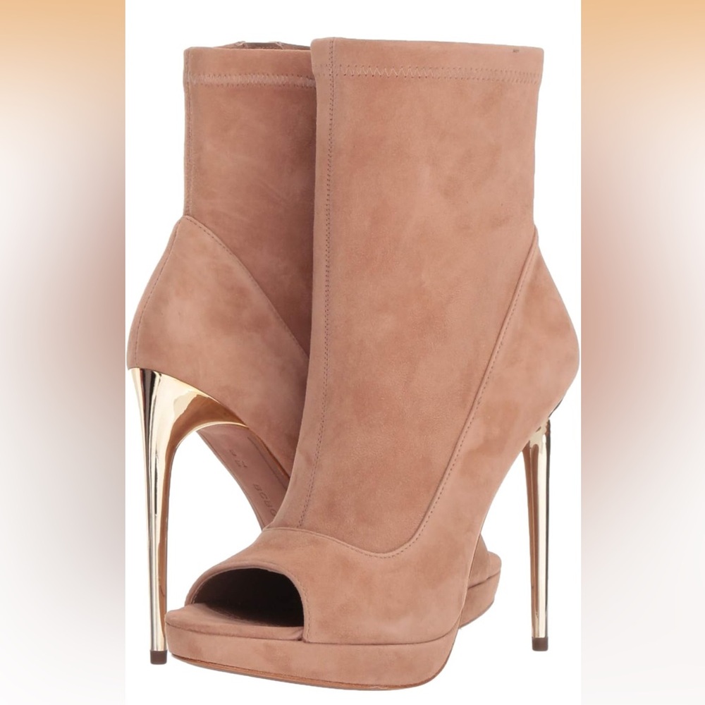BCBG MaxAzria Tan Suede Peep-Toe Heeled Spring Boots